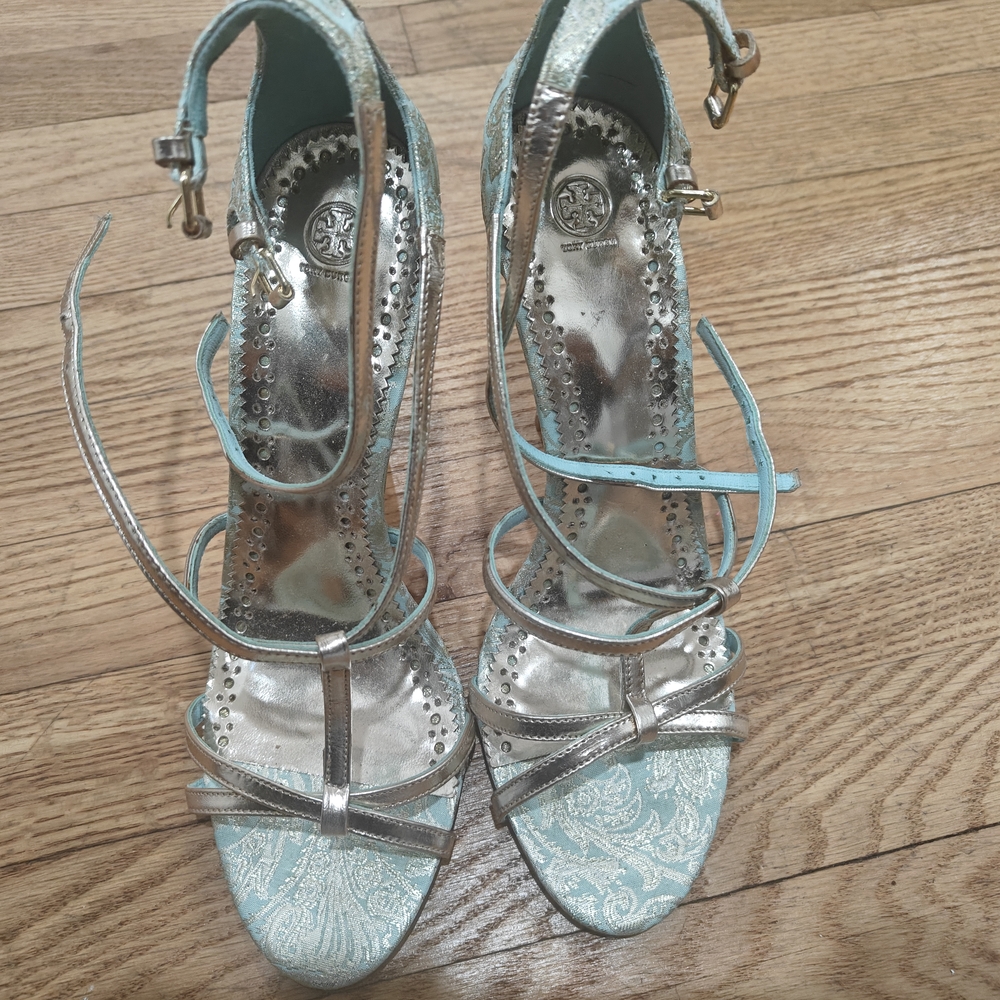 Women's Silver and Blue Strappy Heels